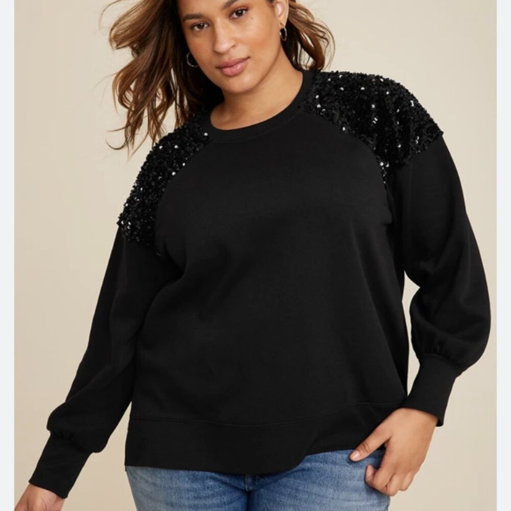 Maurices Plus Size 2x Sequin Shoulder Sweatshirt Top Black Elevated Basic Shiny